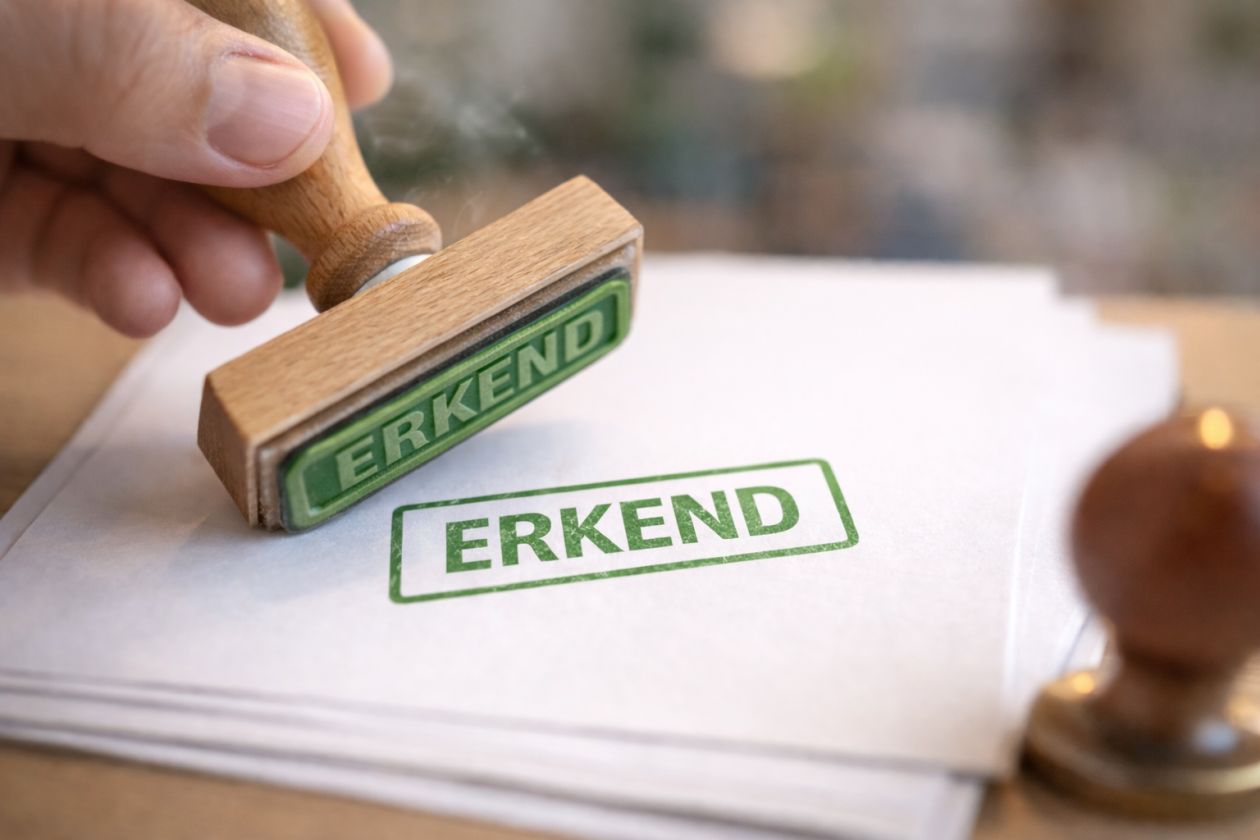 Groen _ERKEND_ stempel op papier
