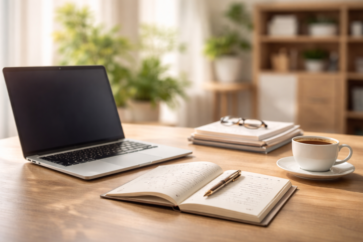 Opgeruimde werkplek met koffie en laptop