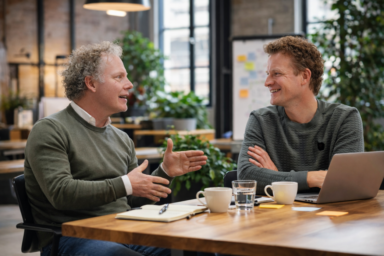 Twee mannen in gesprek op kantoor